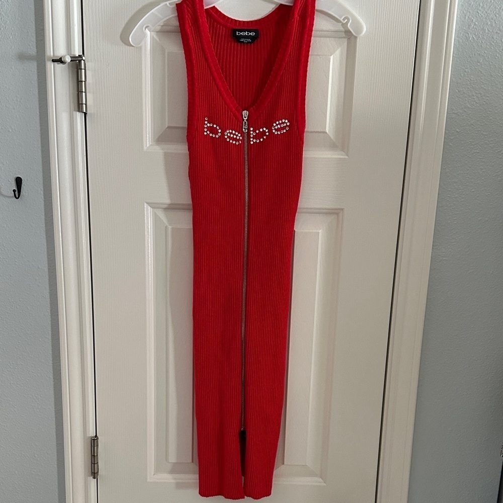 Bebe Y2K 2000s Red Vampy Ribbed Bodycon Full Zip Dress Small Bling Rhinestone